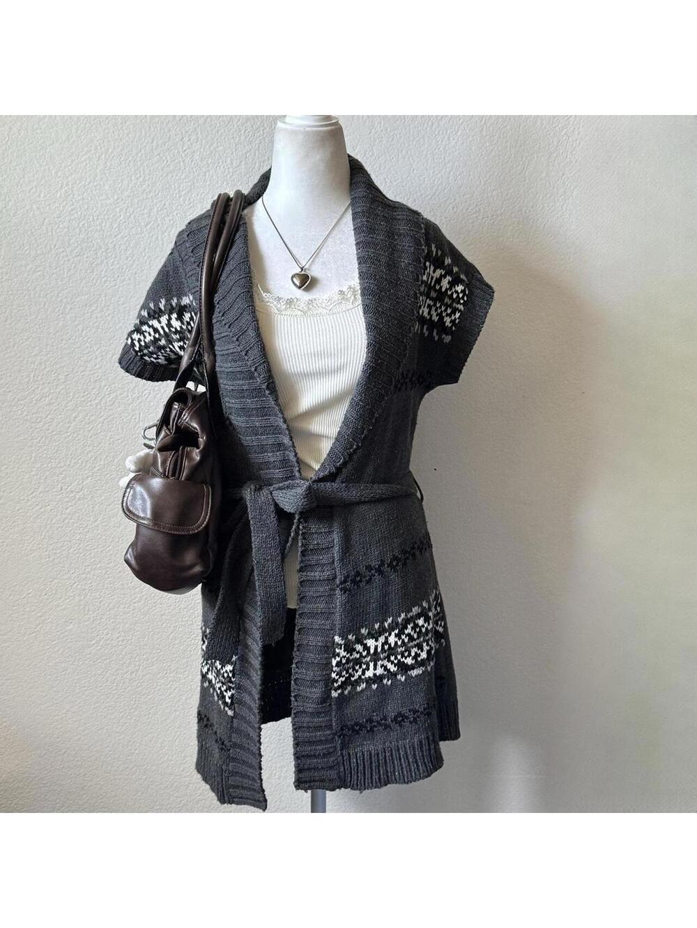 ੈ✩‧₊˚y2k grey fair isle knit waist tie cardigan